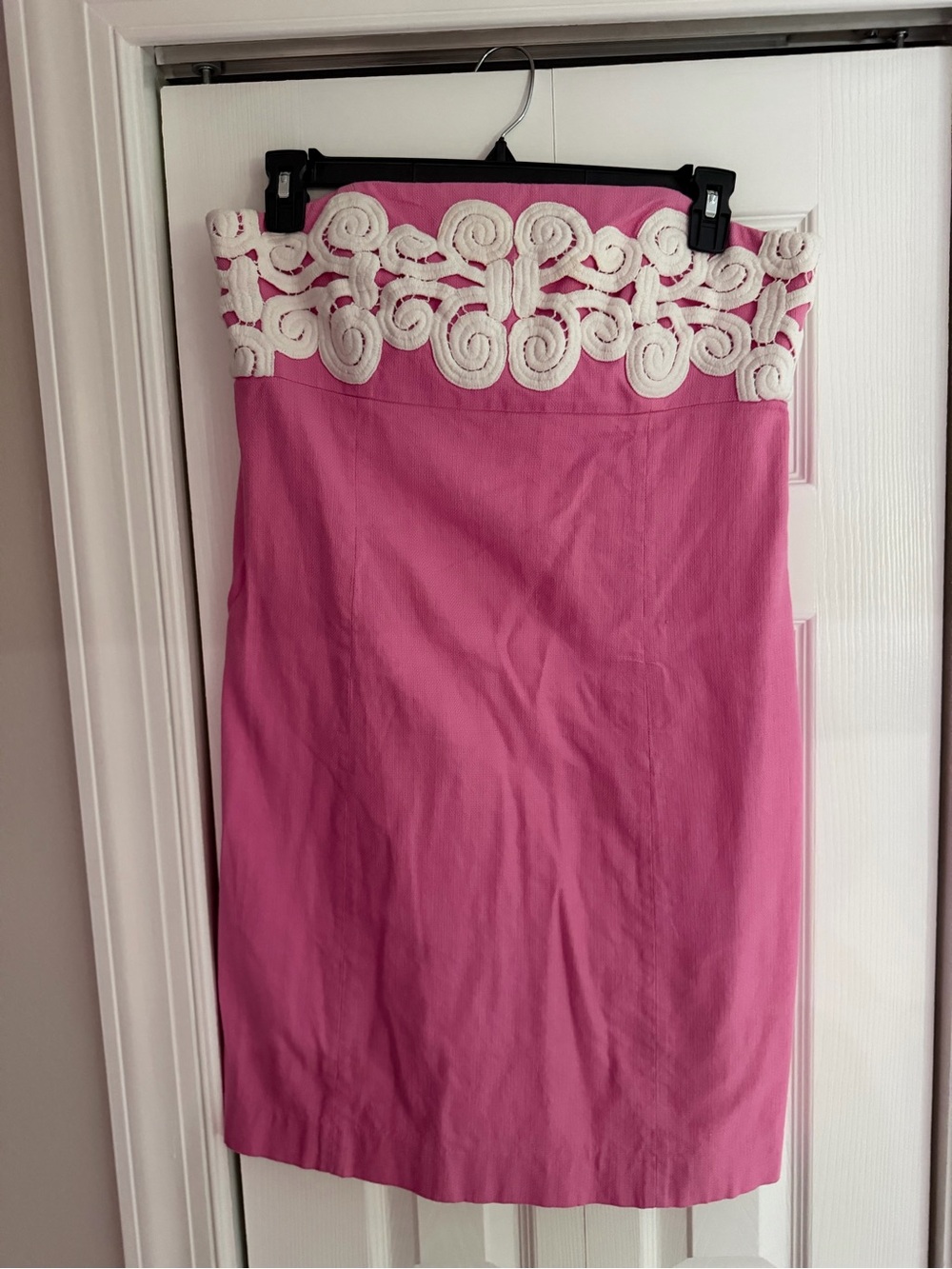 Lilly Pulitzer Hot Pink Strapless Pencil Dress with White Crochet Trim